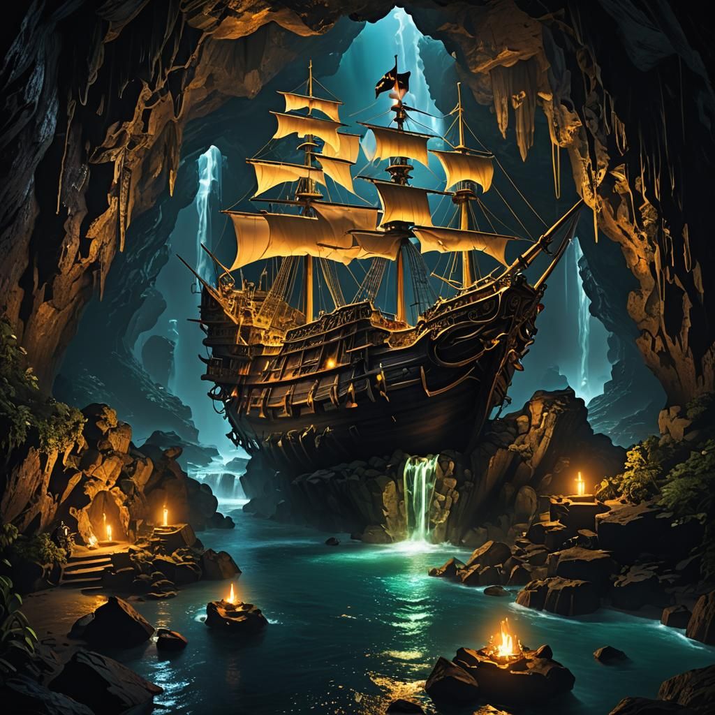 A pirate Galeon stuck at the bottom of a dark cave filled with pirate treasure. Waterfalls accentuate the cave walls tha...