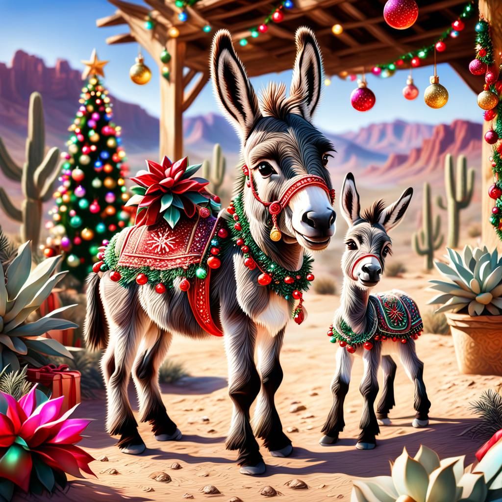 Cute Baby Christmas Donkey in Sunny Desert