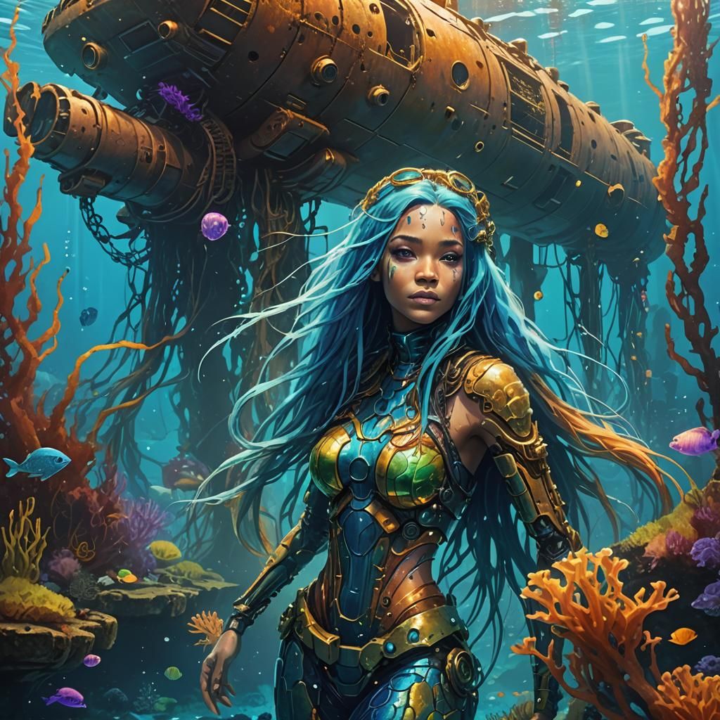 Cyborg Mermaid in Sunken Submarine Wreck: Digital Art