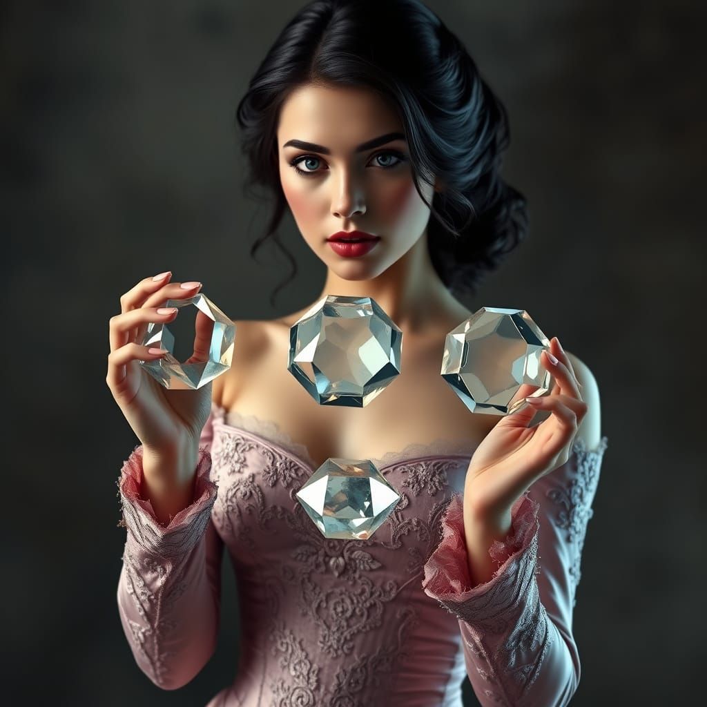 Hyperrealistic Woman in Dreamlike Gown with Octahedrons