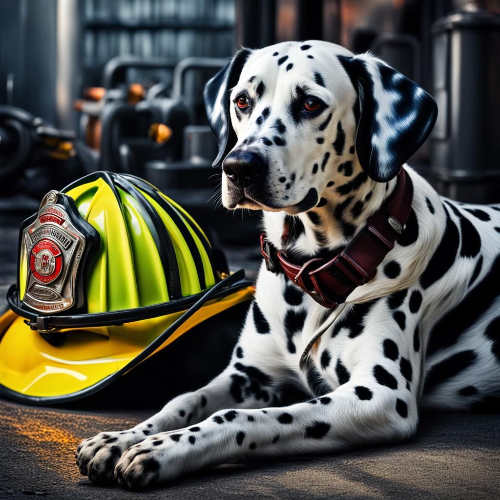 Dalmatian Guarding Firefighter Helmet in Hyperrealism