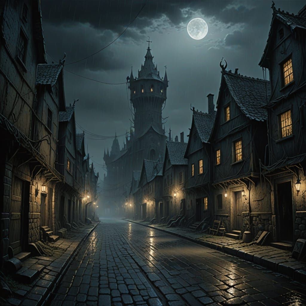 Mysterious Medieval Village Under Moonlit Rain