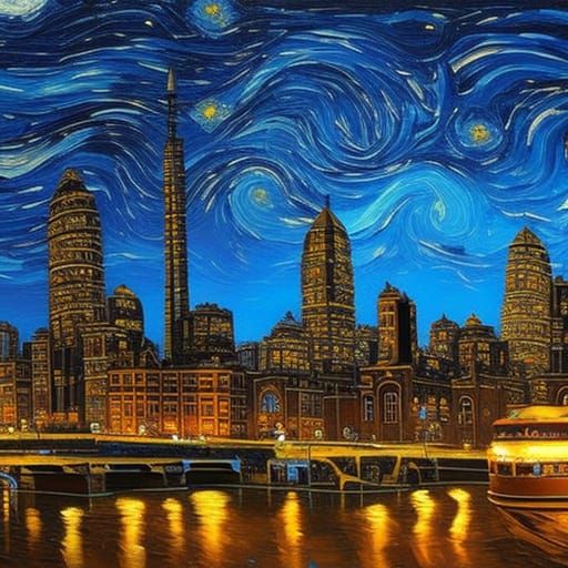 Swirling Starry Night Urban Skyline in Impasto Style