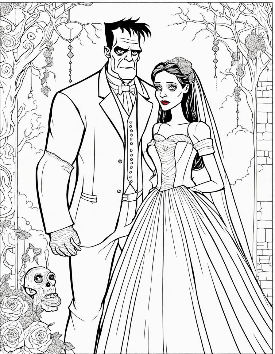 Frankenstein and Bride Coloring Page in Pixar Style