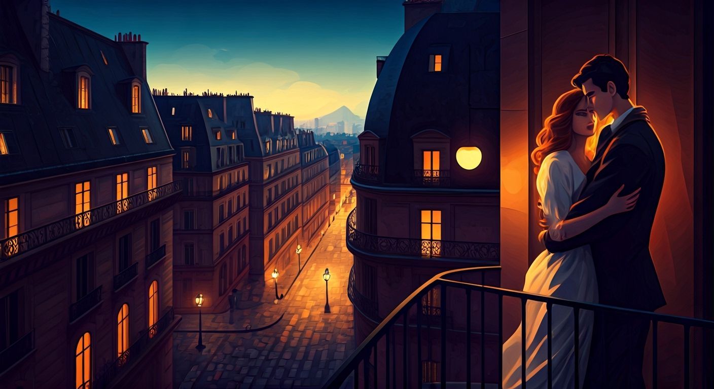 Passionate Parisian Lovers Embrace at Twilight