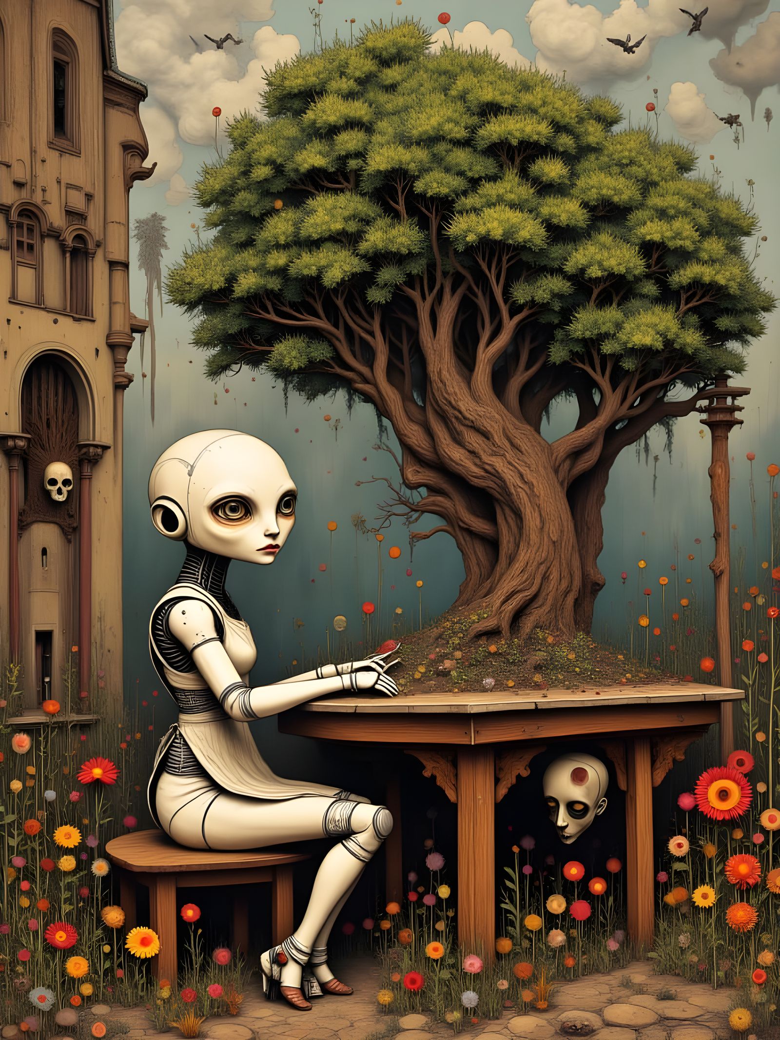 Robot Trimming Bonsai Tree in Surreal Style