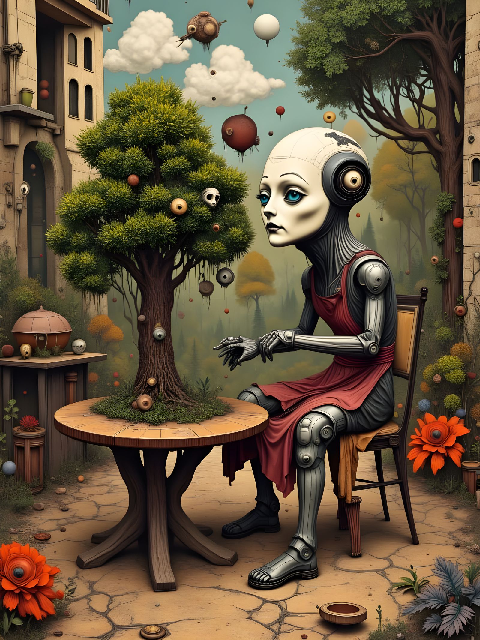 Robot Gardener Trimming Bonsai Tree, Surreal Digital Art