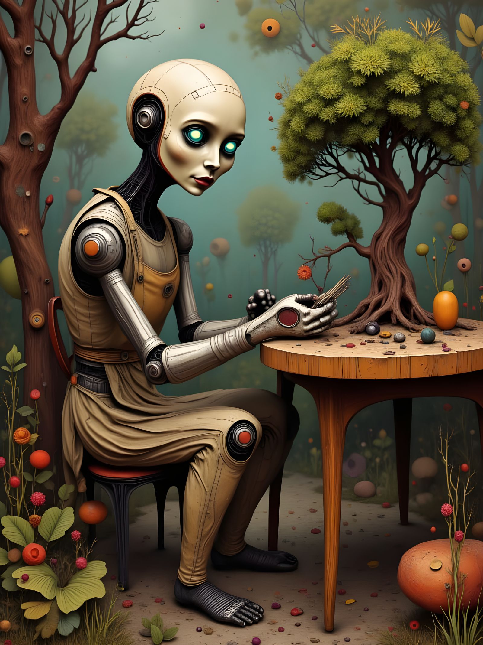 Cute Robot Trimming Bonsai Tree in Surreal Style