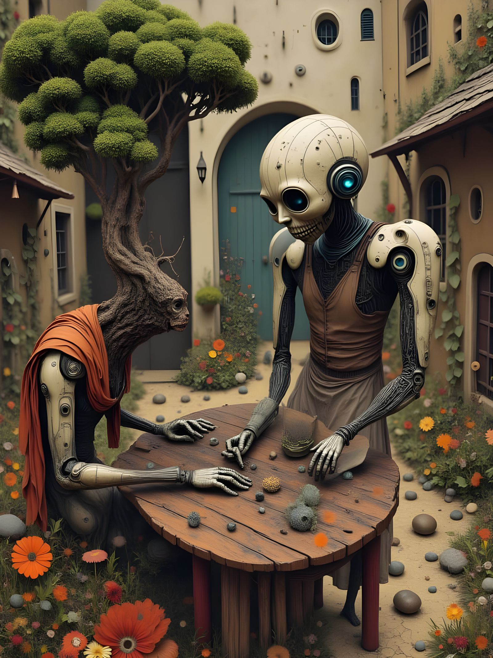 Robot Trimming Bonsai Tree in Surreal Courtyard