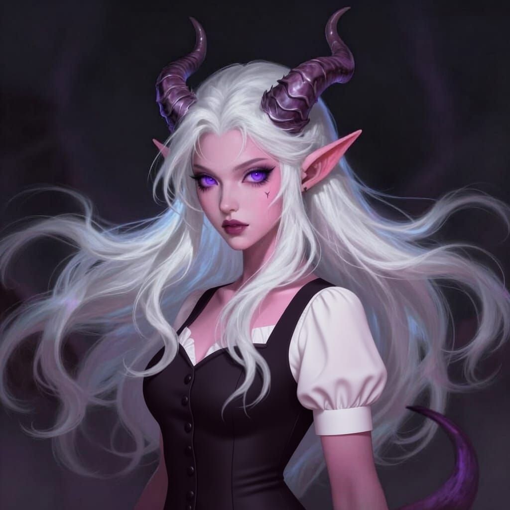 Tiefling Warlock With Dusky Pink Skin and Purple Eyes