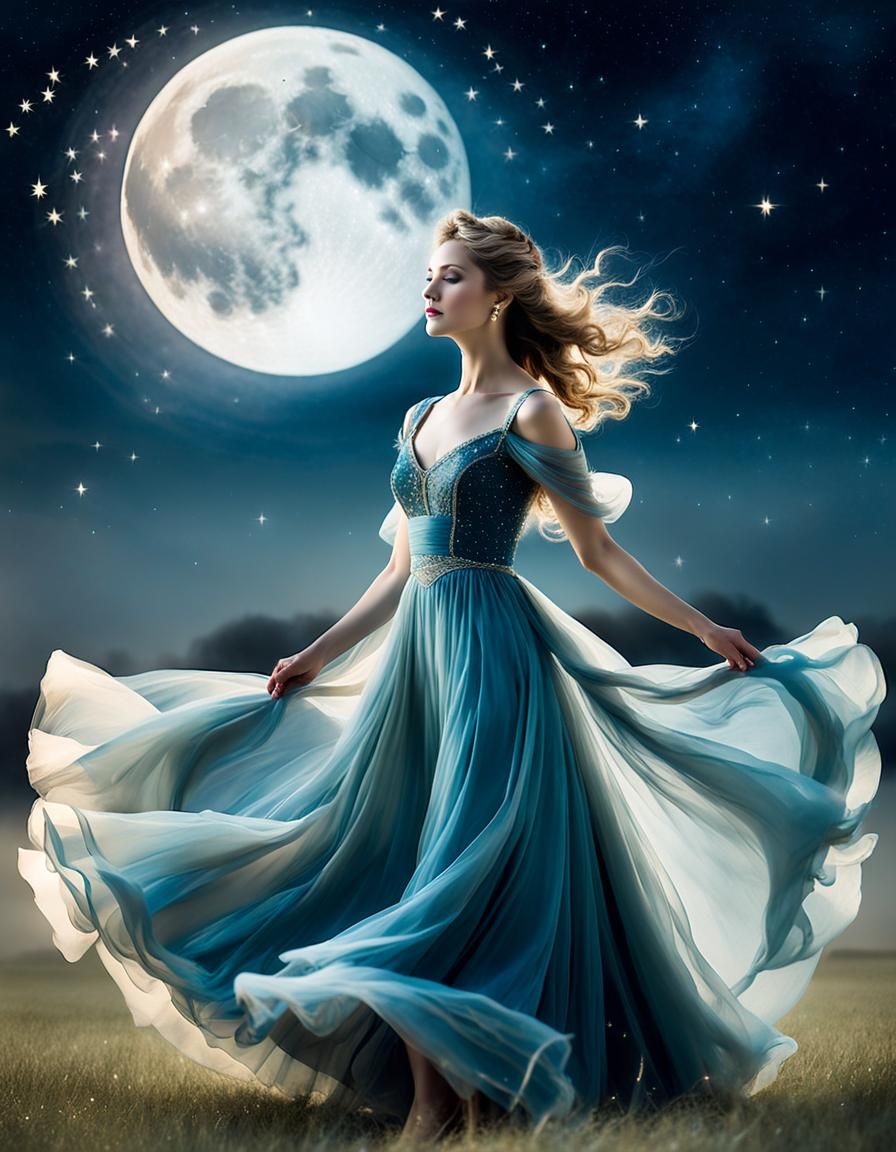 Woman Dancing in Moonlight, Chinese Watercolor Style