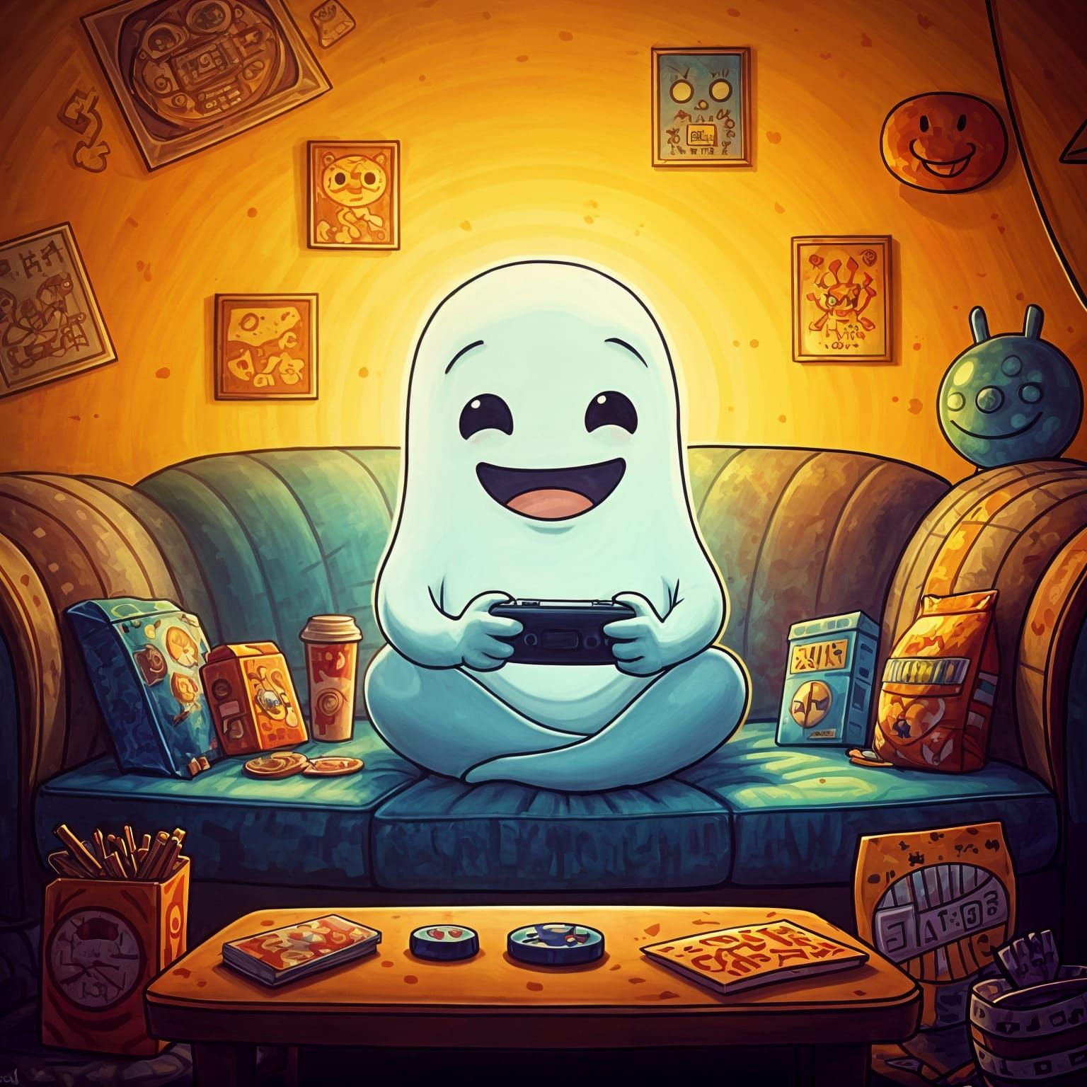 Chibi Ghost Gamer in Oil Painting Style