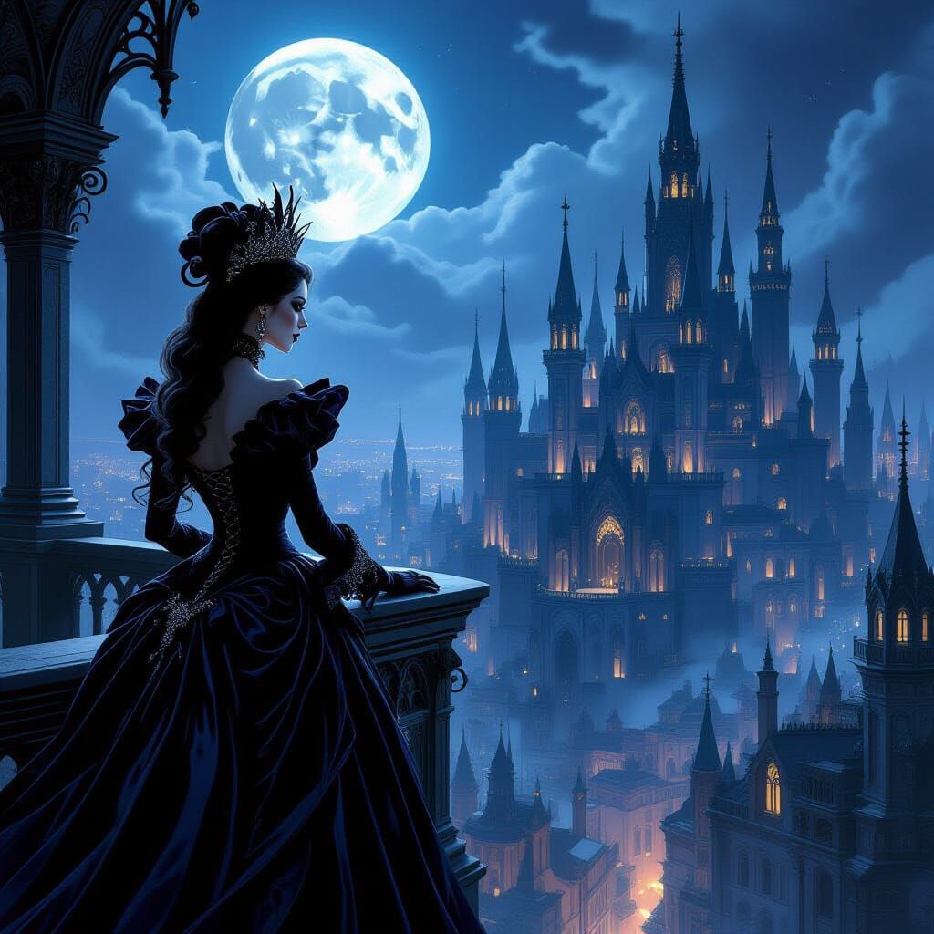 Victorian Vampire Queen in Gothic Cityscape