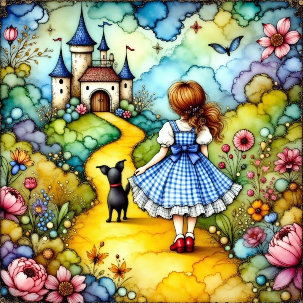 <lora:Alcohol Ink Splash:1.0> whimsical Dorothy and Toto on ...