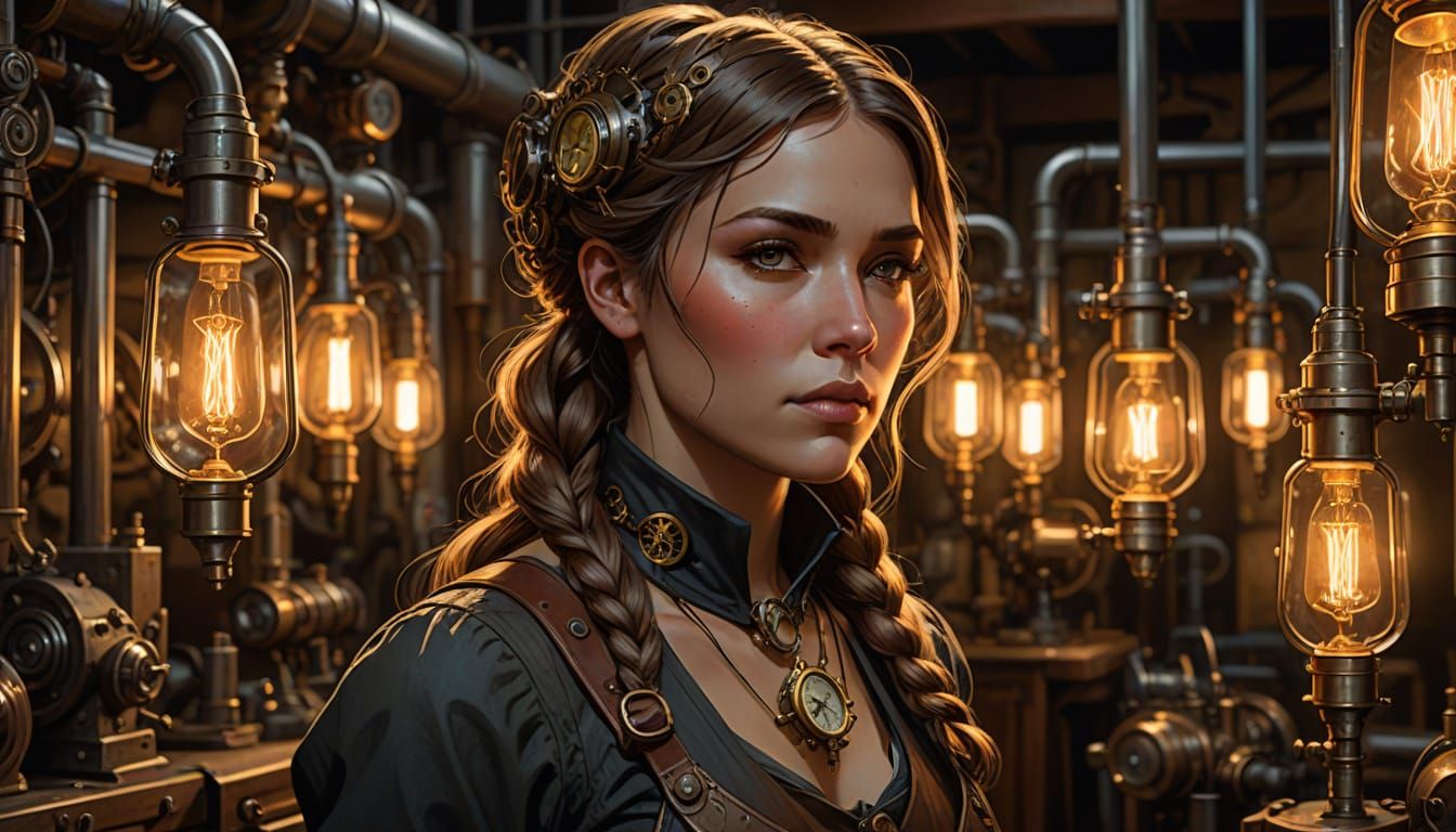 Steampunk Woman in Workshop, Hyperrealistic Comic Art