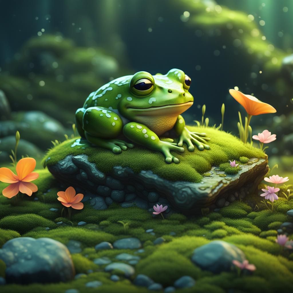 Cute Chibi Frog Sleeping in Moss