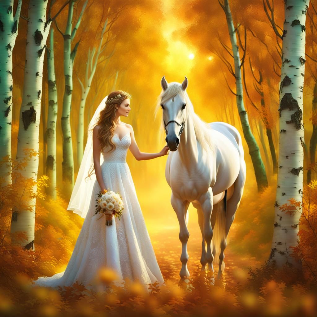 Bride and Groom with Arabian Horse Under Aurora Borealis