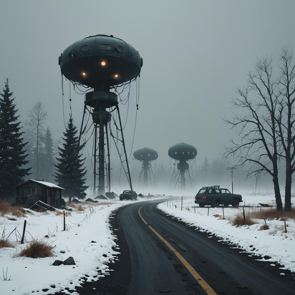 Eerie Landscape with Alien Artifacts in Surreal Style