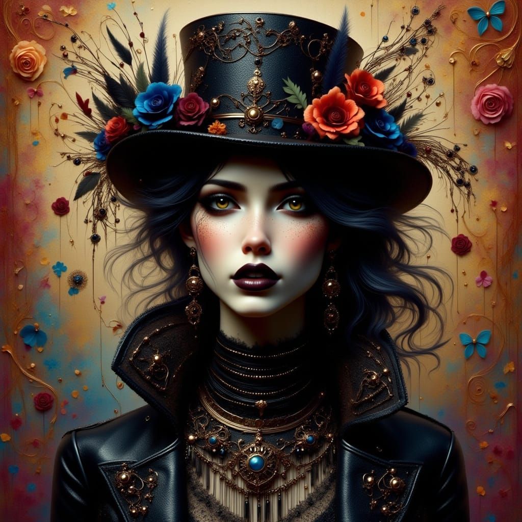 Steampunk Goth Girl Portrait in Art Nouveau Style