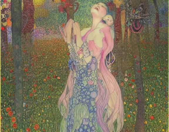 Sunset-Hybrid Woman in Magical Forest, Art Nouveau Style