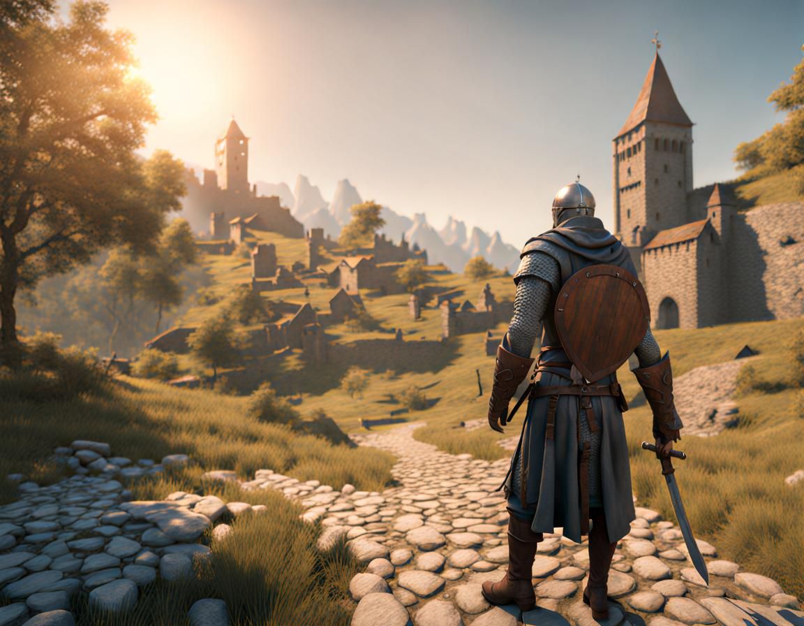 Early 3D Game Scene with Medieval Warrior