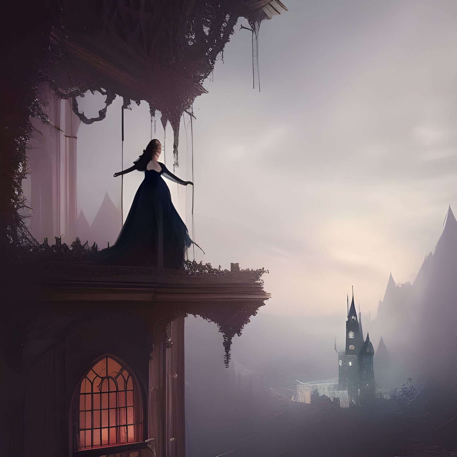 Dark Fantasy Princess in Tower, Art Nouveau Style