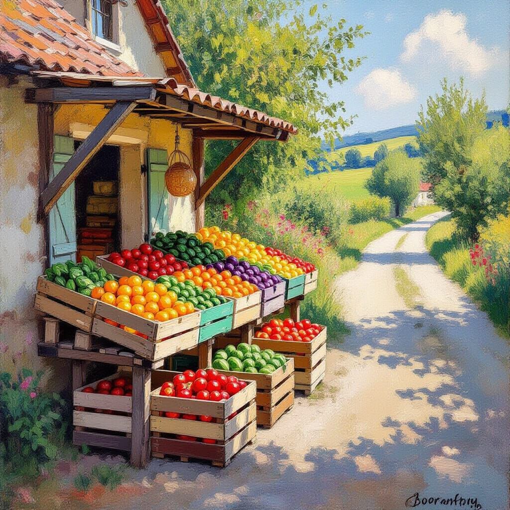 Rustic Produce Stand in Impressionist Style
