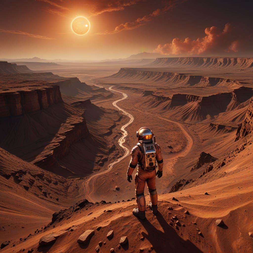 Astronaut on Mars Gazing into Canyon at Sunset