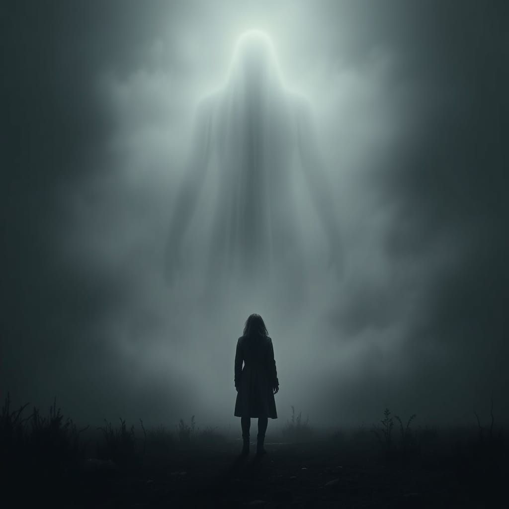 Mysterious Woman Stares at Giant Monster in Eerie Fog