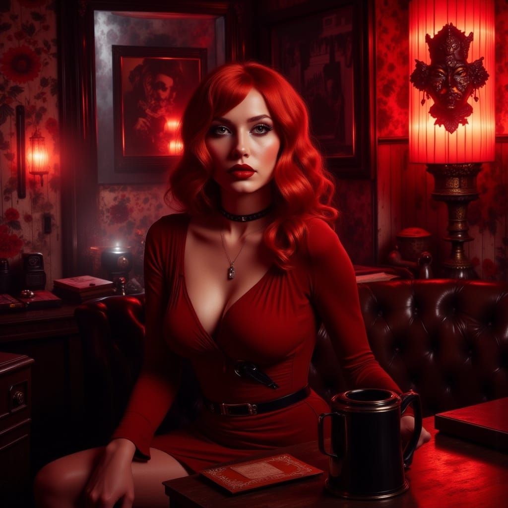 Redheaded Woman in Neon Noir Speakeasy