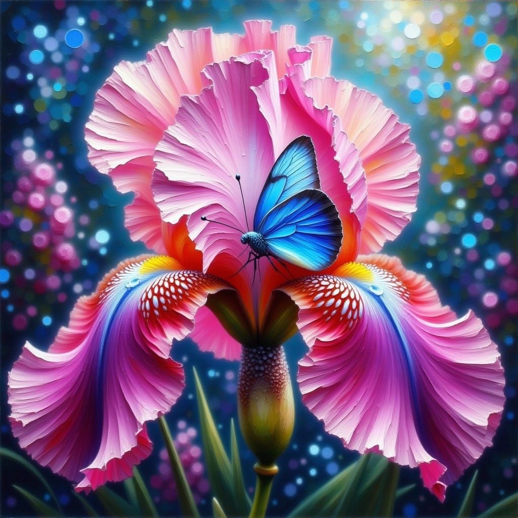 Hyperrealistic Impasto Oil Painting of Pink Iris Flower with...