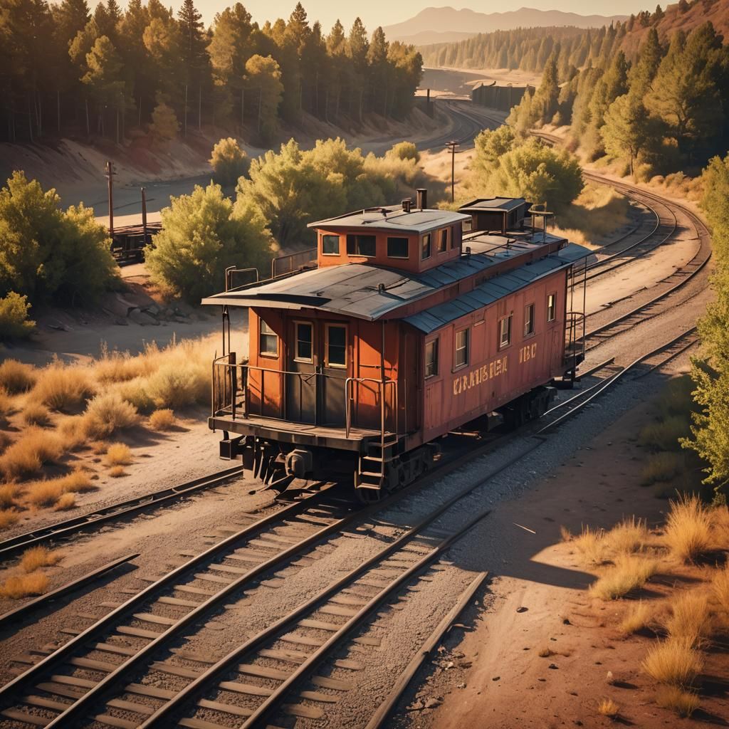 Vintage Train Caboose on Deserted Track: Retro Digital Art