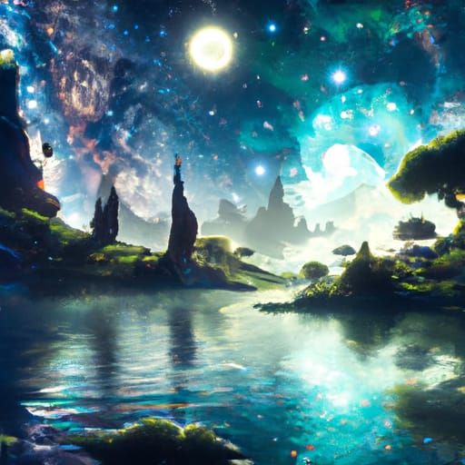 Fantasy Lake Under Starry Night Sky