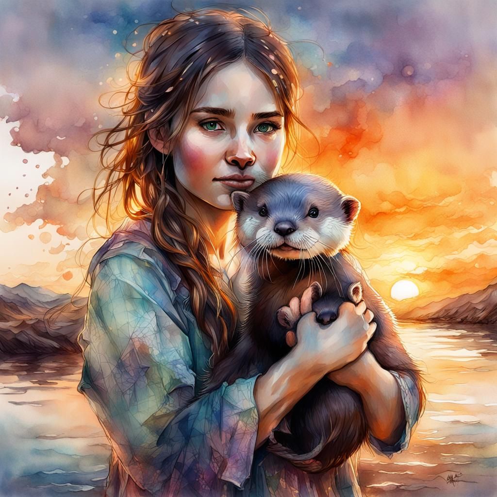 Watercolor Portrait of Girl with Otter in Fantasy Landscape