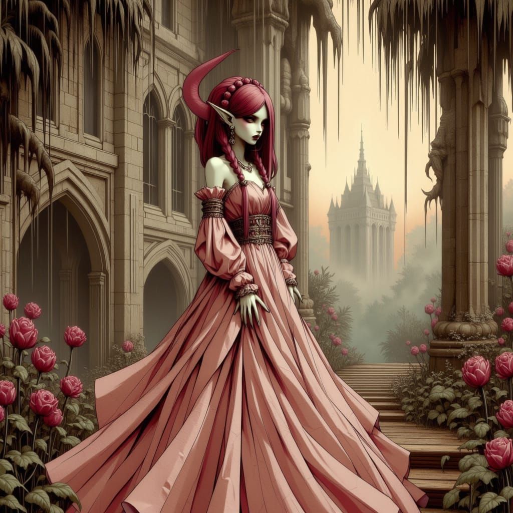 Gothic Princess with Braided Red Hair in Tower