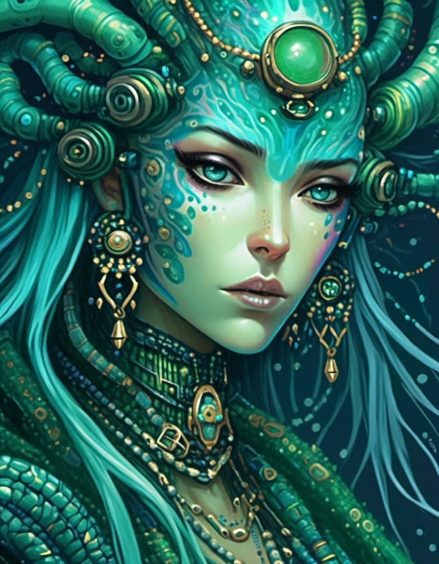 Alien Woman Portrait with Tentacle Hair in Sci-Fi Style