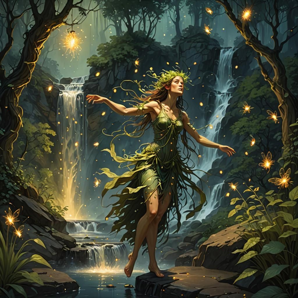 Dryad Dancing by Waterfall with Fireflies