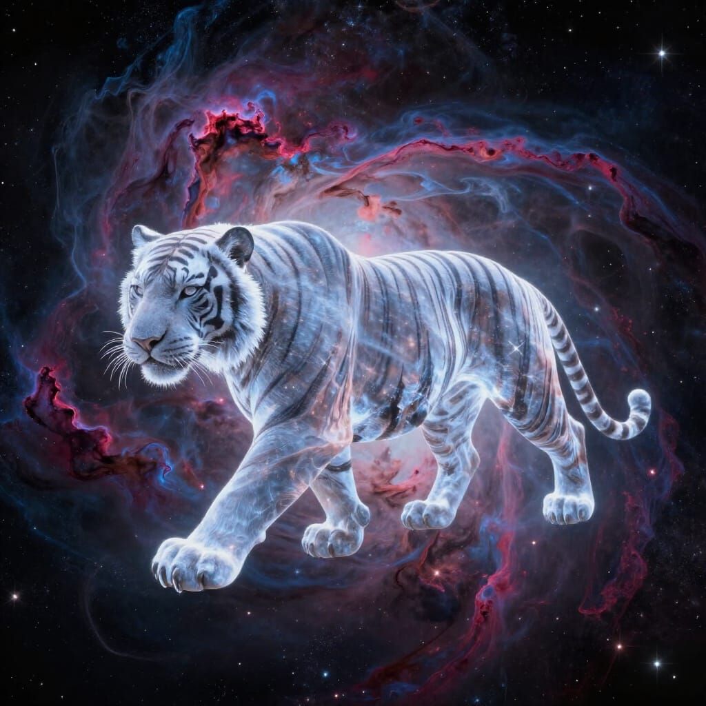 Abstract Starlight Tiger Sculpture in Cosmic Void