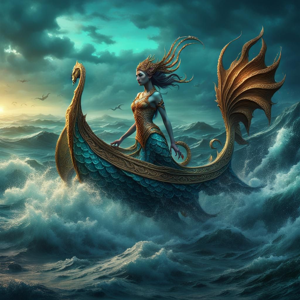 Beautiful Siren with Tail on the Sea