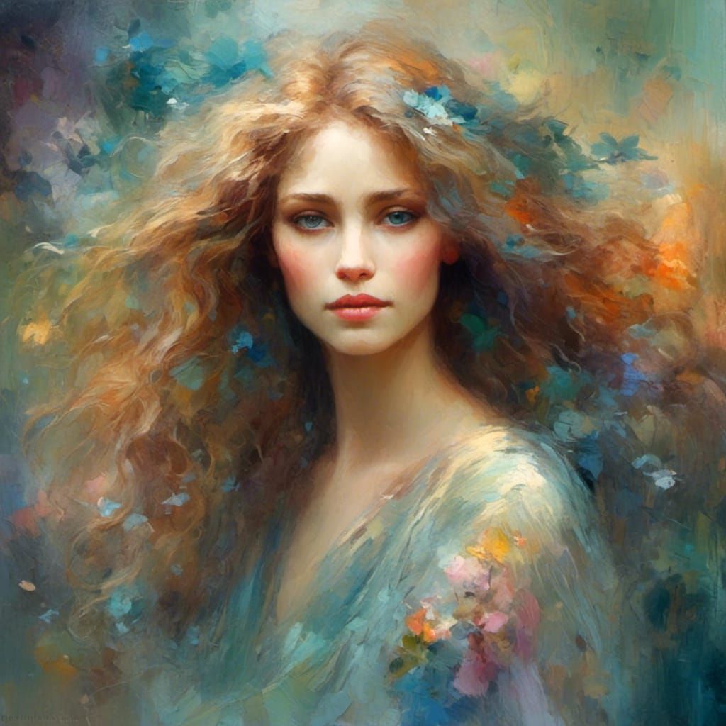Rainbow Hair Portrait in Ethereal Digital Painting Style