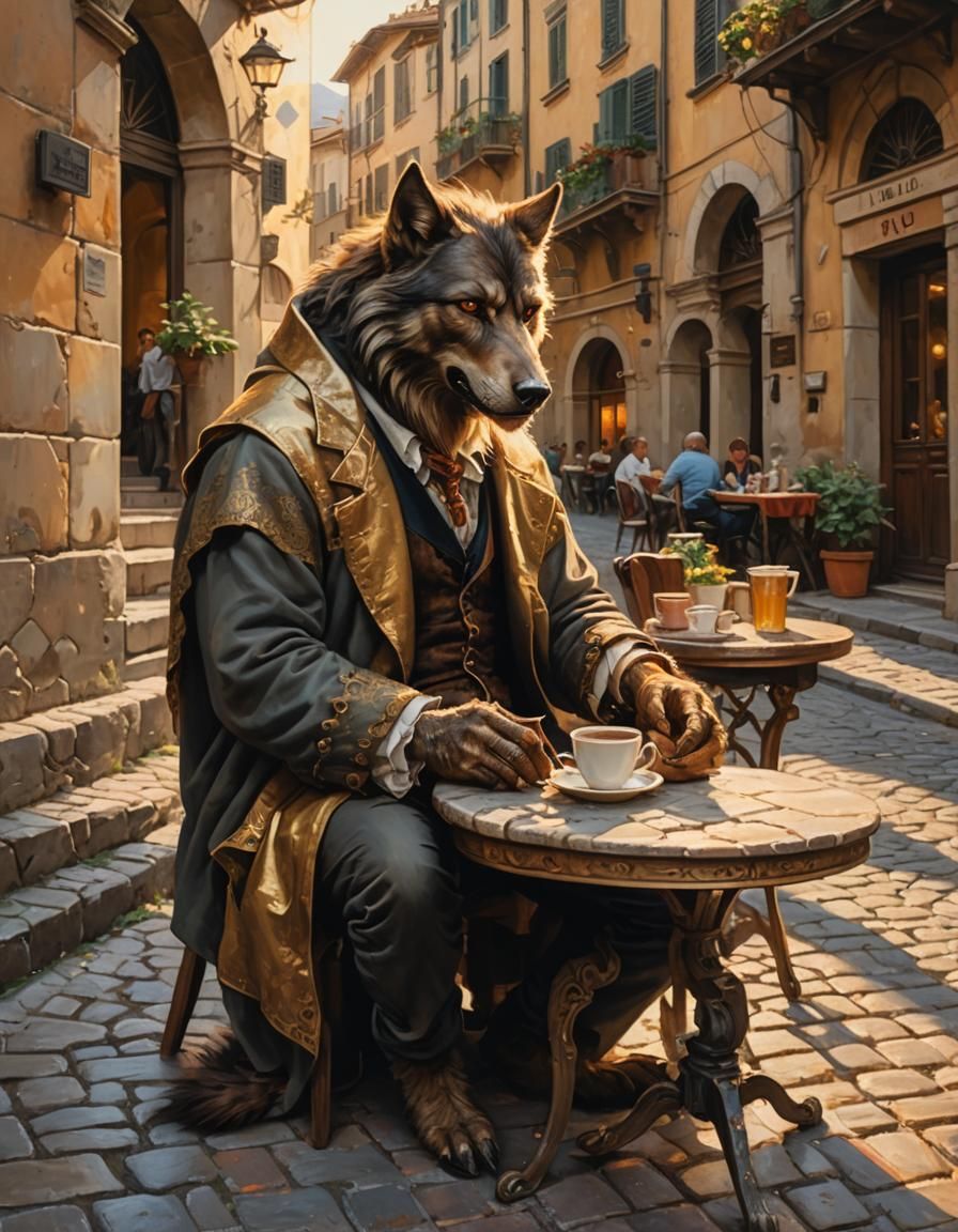 Werewolf Enjoying Coffee in Naples: Renaissance Oil Painting
