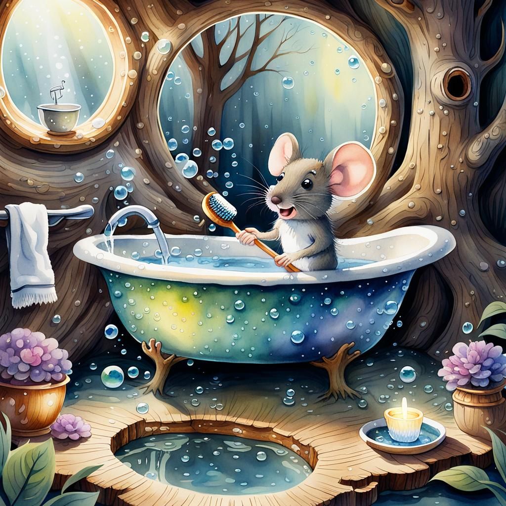 Mouse Bathtub Watercolor Illustration in Storybook Style