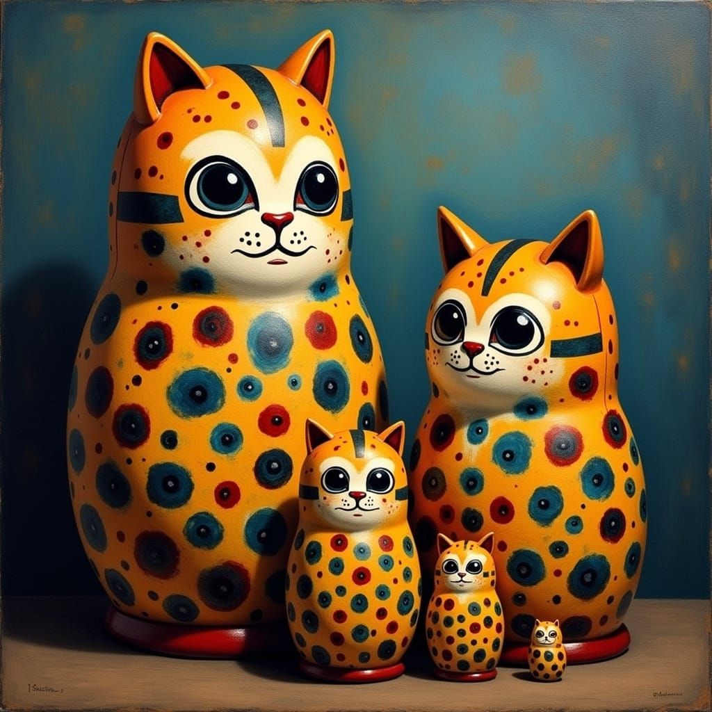 Surreal Cat-Patterned Russian Dolls in Oil Painting Style
