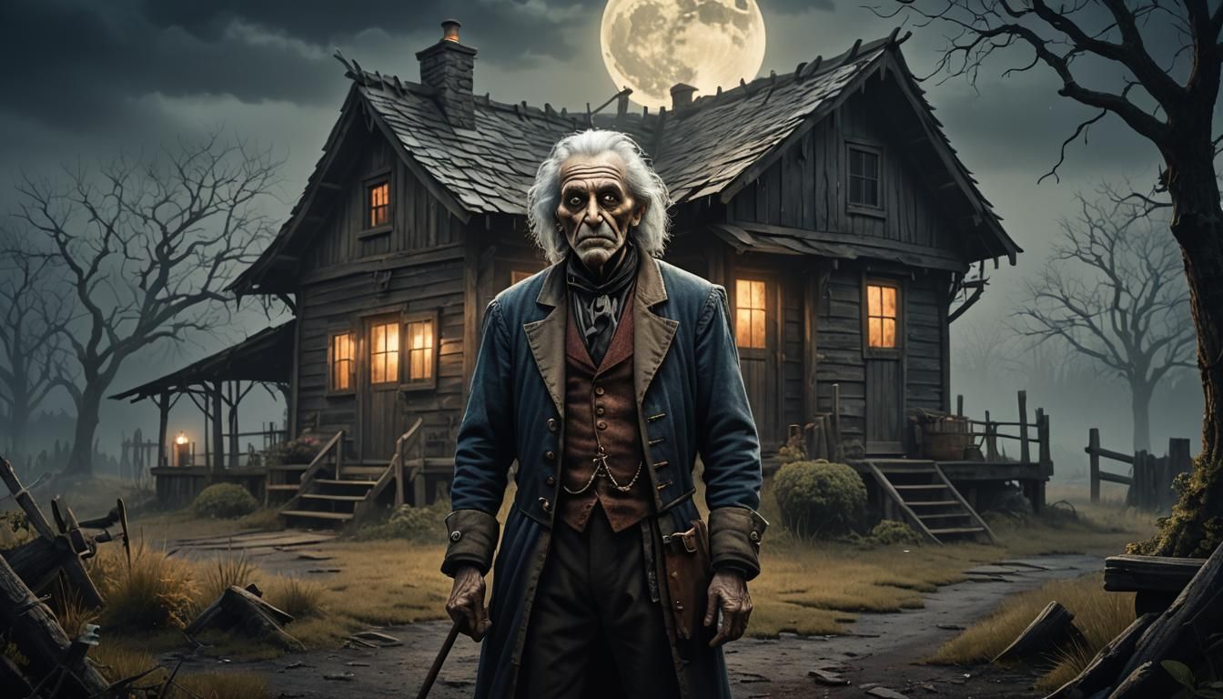 Dark Fantasy Miser in Front of Cabin