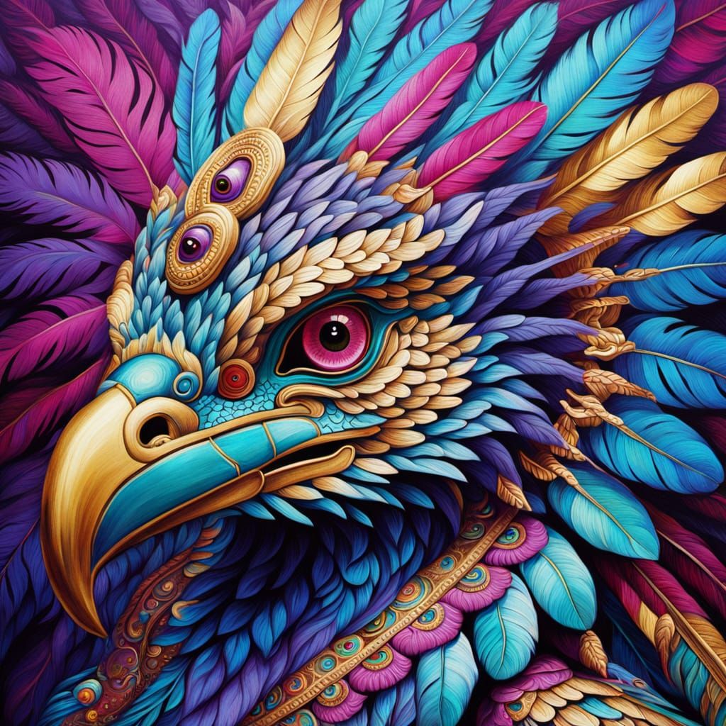 Vibrant Oil Painting of Quetzalcoatl in Mesoamerican Art