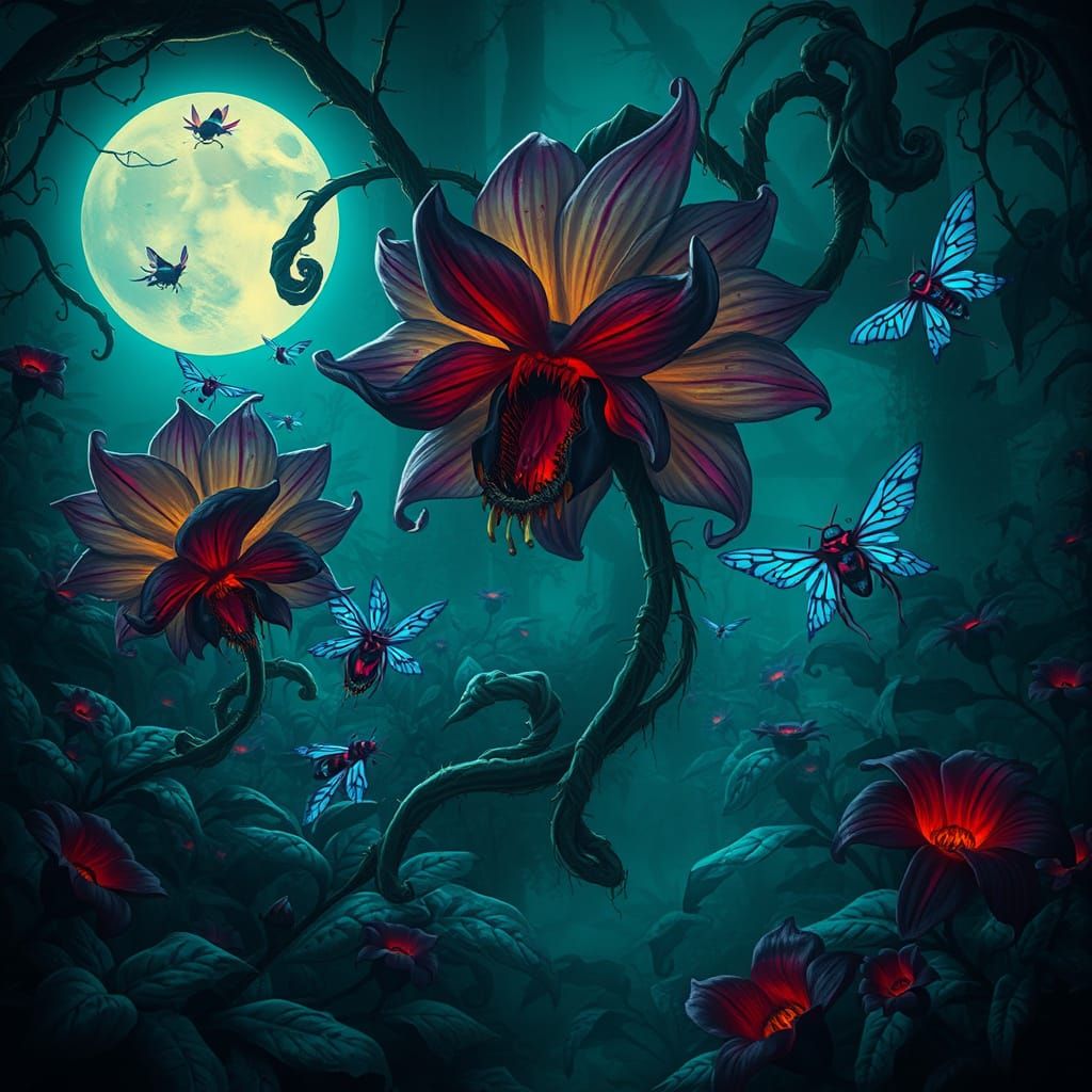 Eerie Moonlit Garden with Bioluminescent Flora