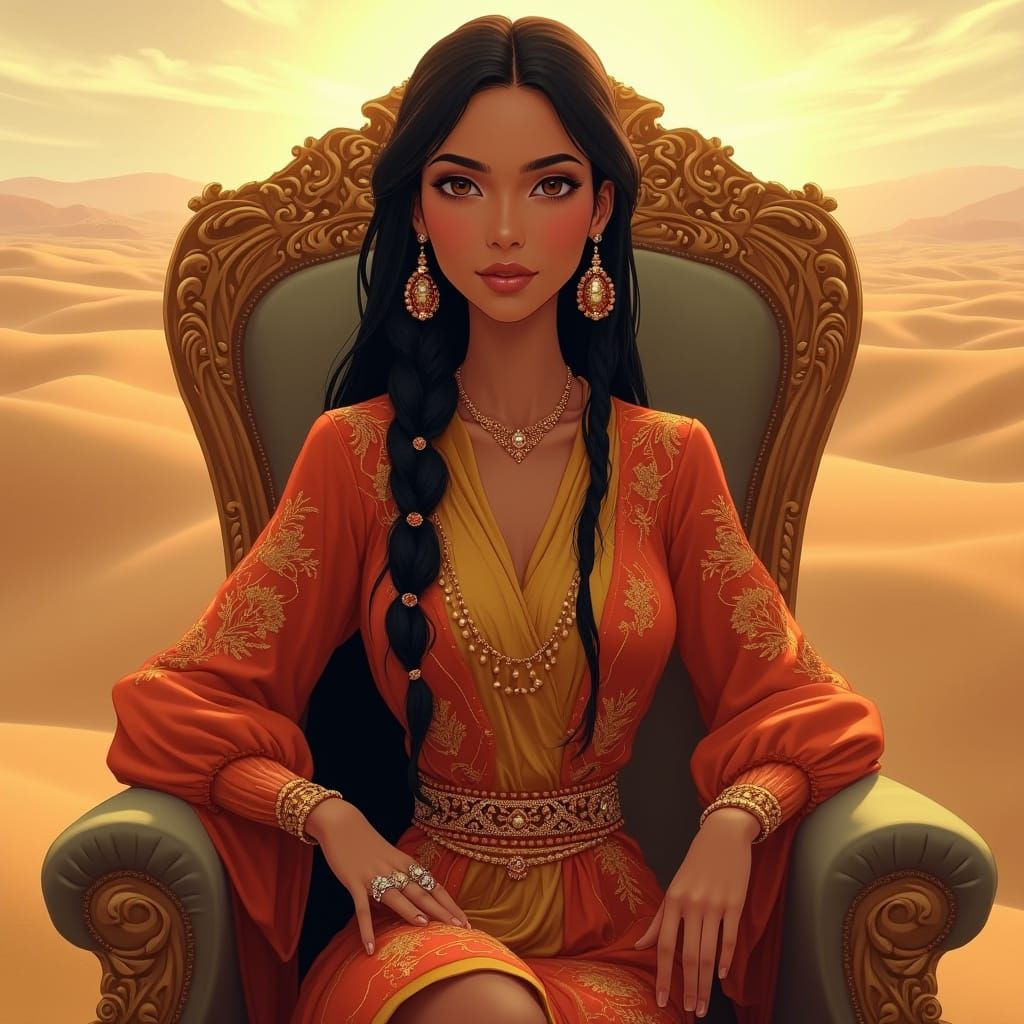 Kazakh Princess in Golden Regalia, Set Against Serene Steppe...
