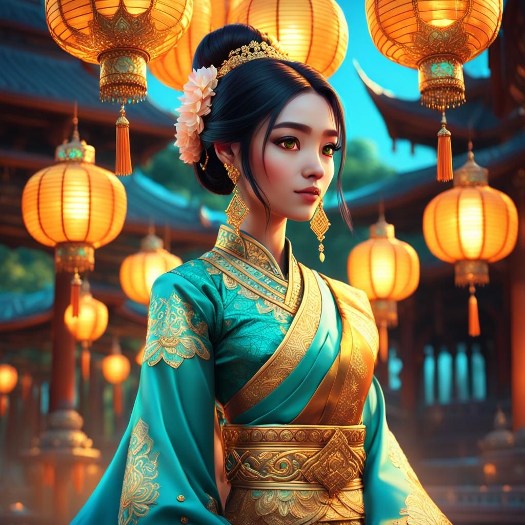 Anime Thai Girl in Traditional Dress: Digital Art