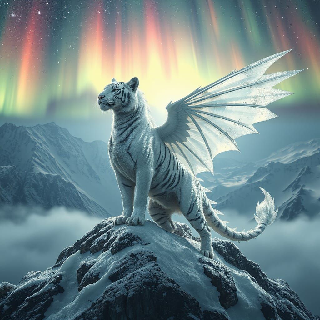 White Tiger-Dragon Spirit Under Northern Aurora