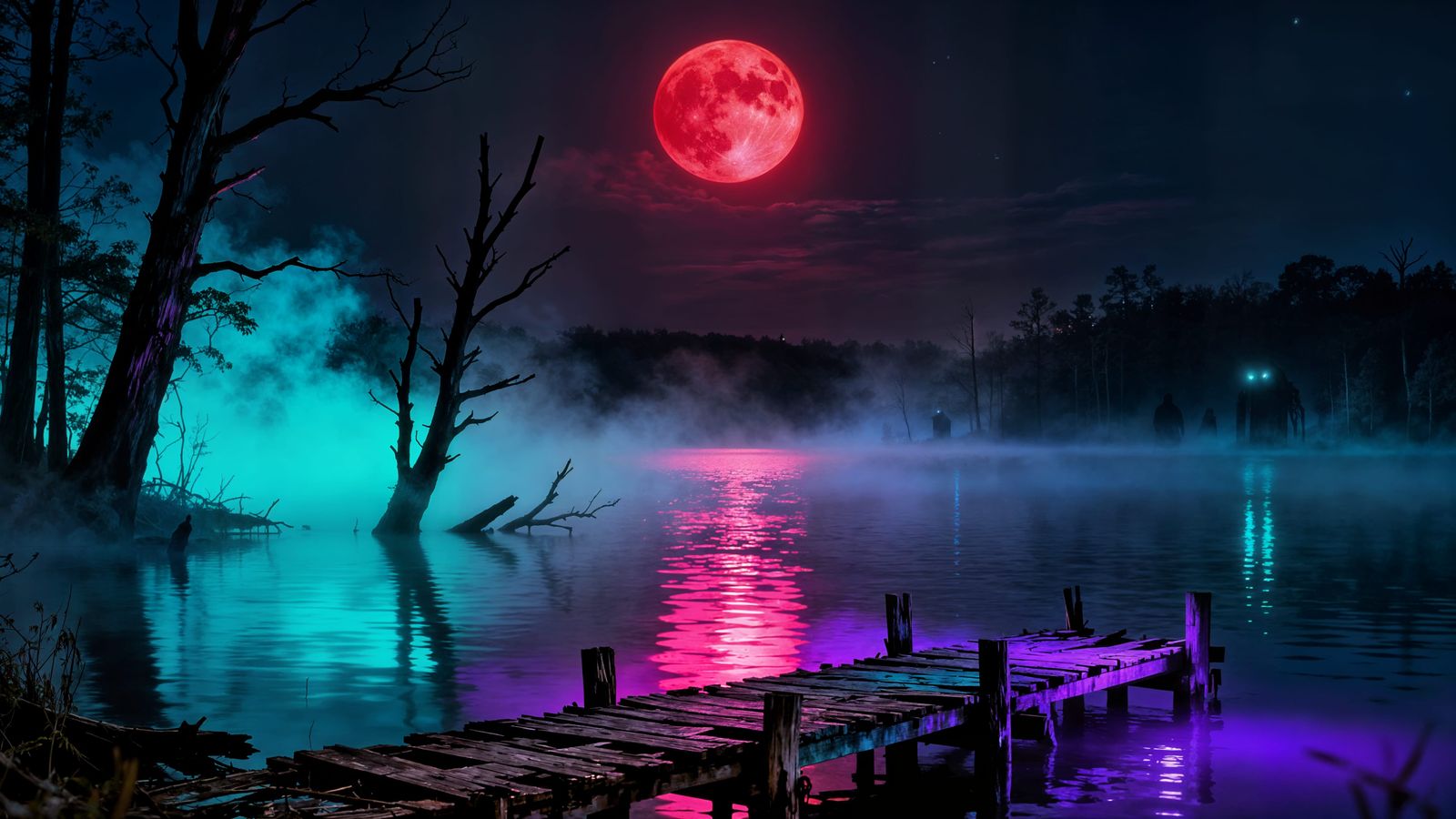 Cinematic Halloween Haunted Lake with Blood Moon